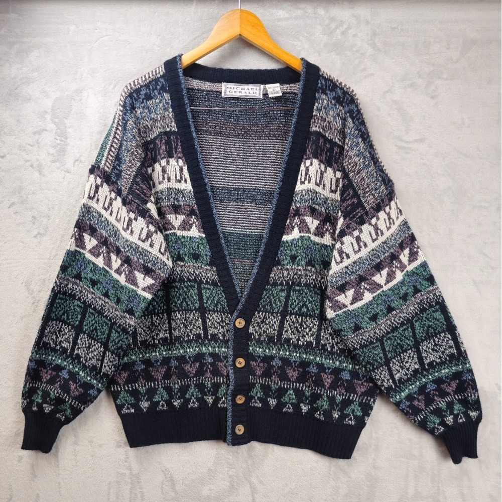 Vintage Michael Gerald Cardigan Sweater Men's Large 90s Geometric Knit Grandpa